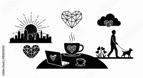 Urban skyline, coffee break, and dog walk symbolize a balanced modern lifestyle.