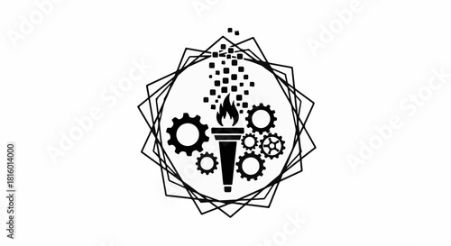 Symbol of innovation and progress with a torch and gears