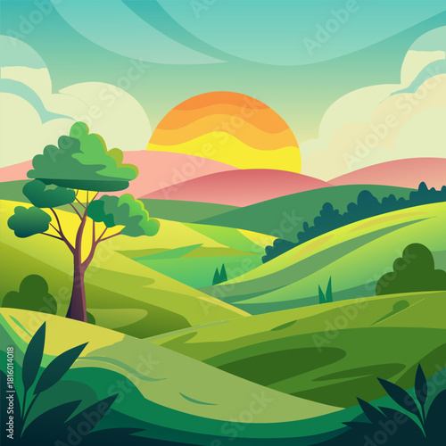 Vibrant cartoon landscape illustration of a sunrise over rolling green hills