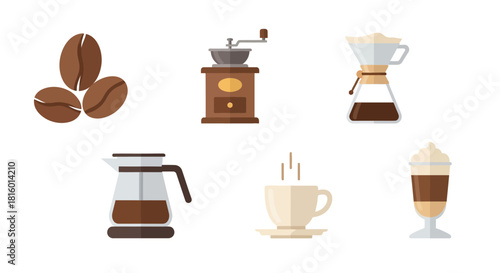Flat Style Coffee Preparation and Serving Equipment Illustration Set Icon