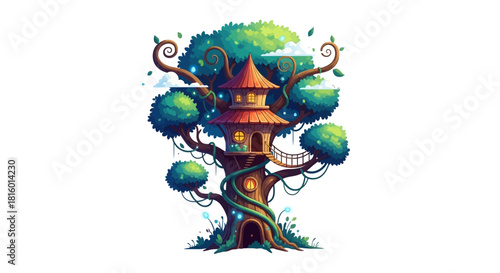 Whimsical Handdrawn Cartoon Treehouse Illustration in Fantasy Forest Scene