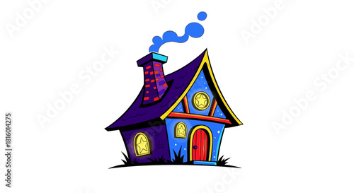 Whimsical Cartoonish Style Enchanted Cottage Illustration with Smoking Chimney and Star Windows