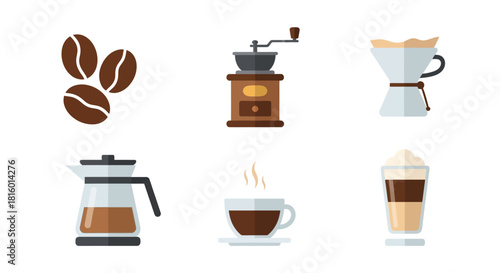 Flat Style Coffee Preparation and Serving Icon Set Collection on White