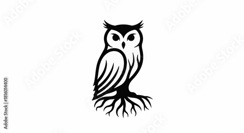 Wise owl silhouette with roots symbolizing knowledge and growth