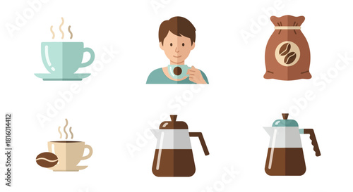 Flat Design Coffee Time Illustration with Mug, Pot and Bean Set
