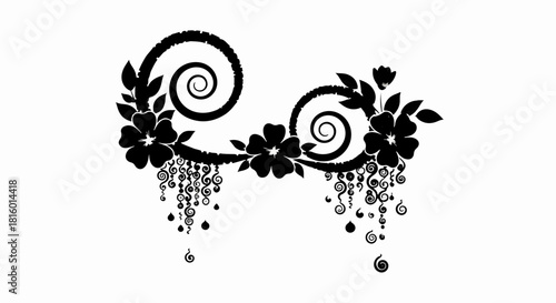 Elegant black floral flourish with swirling vines and delicate hanging beads