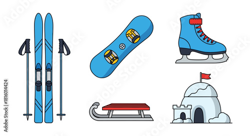 Cartoon Style Winter Sports and Recreation Activities Line Art Illustration