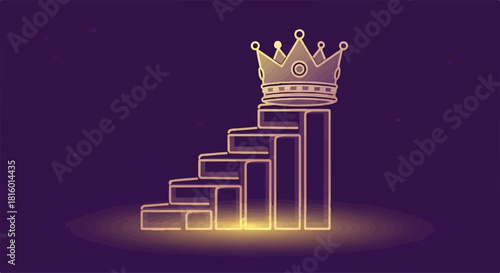 Golden crown atop ascending stairs symbolizes achievement, success, and the pinnacle of ambition.