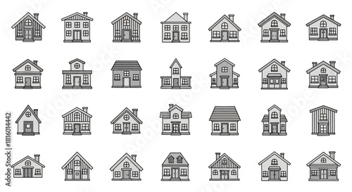 Minimalist Outline Various House Type Style Residential Building Icon Set