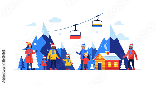 Modern Flat Design Winter Family Vacation in Mountain Scenery Illustration
