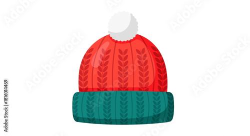 Flat Style Red Knitted Winter Hat with Pom Pom Illustration