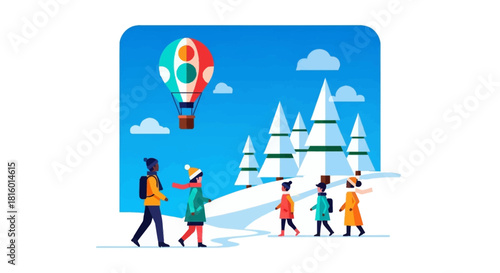 Flat Style Winter Season Landscape With People and Balloon Illustration