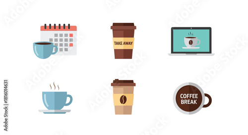 Flat Design Coffee Break Icons With Calendar and Laptop Illustration
