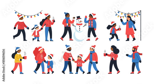 Flat Style Diverse Families Enjoying Winter Season and Holiday Activity Illustration