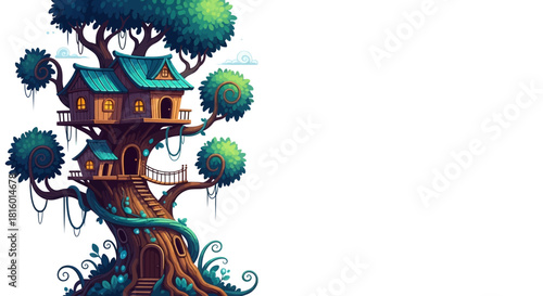 Whimsical Cartoon Treehouse Illustration with Magical Details and Fantasy Architecture