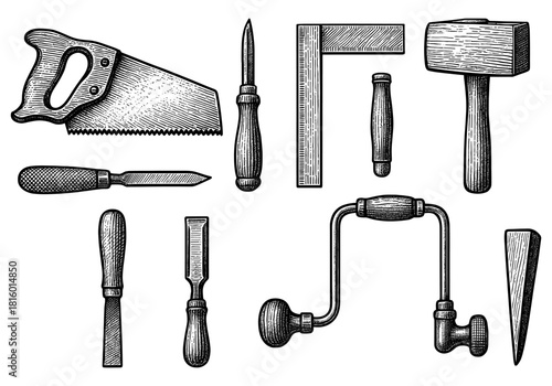 Vintage hand tools collection in engraved style for woodworking enthusiasts