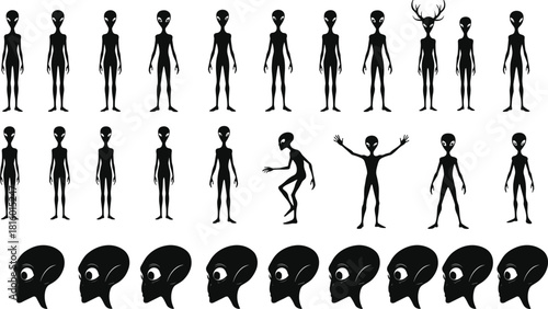Alien, silhouette, black, humanoid, head, illustration, character, design, sci-fi, extraterrestrial, creature, profile, posture, gesture, antlers, variation, concept, grid, art, vector
