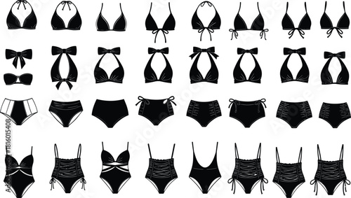 Black swimsuit collection, bikini tops, bikini bottoms, one-piece swimwear, fashion design, swimwear styles, summer fashion, beachwear, catalog layout, apparel grid