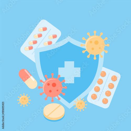 Illustration of Antiviral Drugs and Health Protection Shields