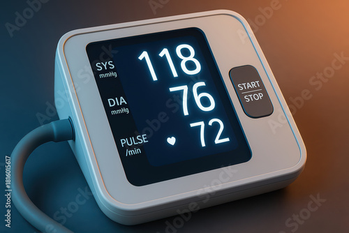 Digital blood pressure monitor with clear display showing systolic, diastolic, and pulse readings, medical device for health monitoring with start and stop button, modern design with illuminated