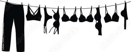 Clothesline silhouette, bras hanging, pants drying, tank top, black and white art, laundry line, minimalist fashion, drying clothes, garment shapes, home decor