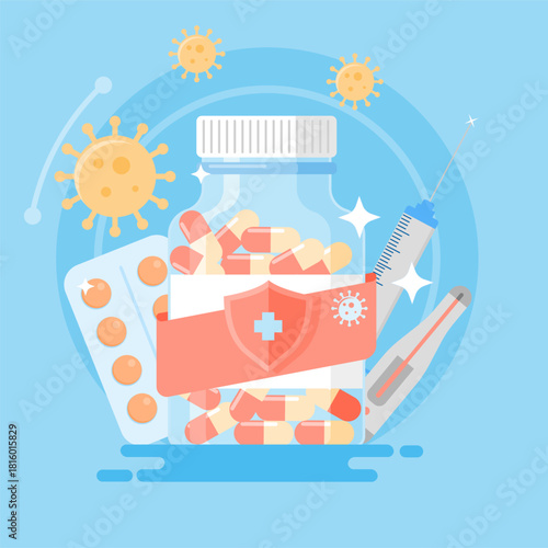 Vector Medical Equipment, Antiviral Drugs, Pills, and Safety Symbols