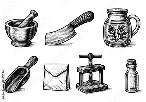 Rustic kitchenware collection in vintage engraving style