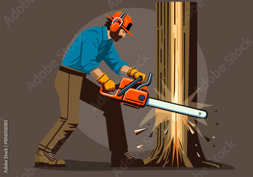 Illustration Lumberjack Cutting Tree with Chainsaw