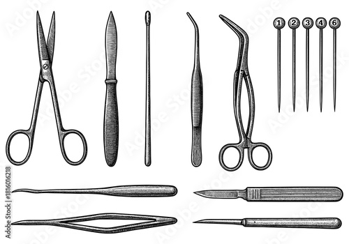 Vintage surgical instruments collection: detailed line art of medical tools