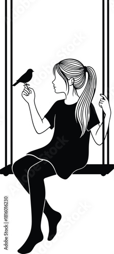 Girl on swing illustration, black and white line art, bird interaction, peaceful moment, nature connection, emotional sketch, minimalist drawing