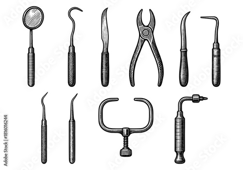 Vintage dental tools set in detailed engraving style for medical illustrations