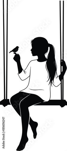 Girl on swing silhouette, black and white illustration, bird interaction, peaceful moment, barefoot pose, nature connection, emotional minimalist art