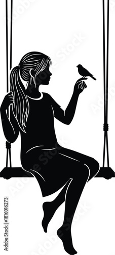 Girl on swing silhouette, black and white illustration, bird interaction, peaceful moment, nature connection, emotional pose, minimalist art design