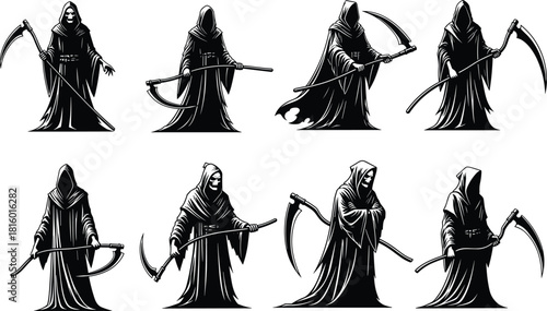 Grim Reaper icons, death figure, hooded skeleton, scythe pose, horror character, spooky silhouette, mythology, fear, cloak, ghost, dark art, vector illustration