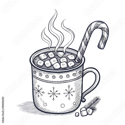 Steaming hot chocolate with marshmallows and candy cane in a festive mug.