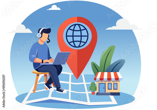 Illustration Global Customer Support and Local Store Location