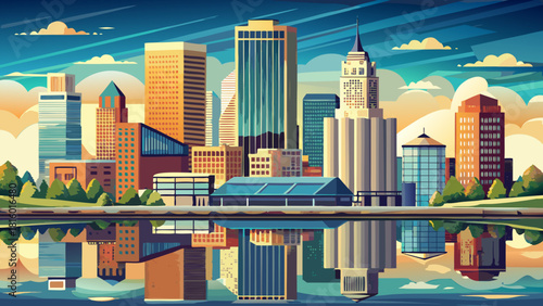 Very beautiful downtown Toledo, Ohio skyline along the Maumee River, featuring modern buildings reflecting gently on the water, creating a bright and balanced urban scene ideal for wide-format visuals