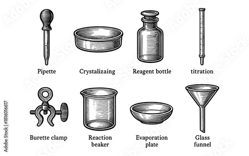 Vintage chemistry equipment set: detailed hand drawn scientific instruments