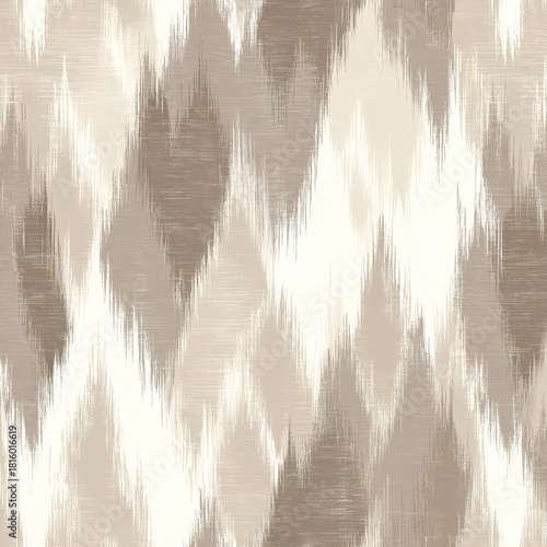 Minimal Ikat pattern with soft geometric strokes in neutral beige and taupe tones featuring subtle ethnic design and calming textile aesthetic