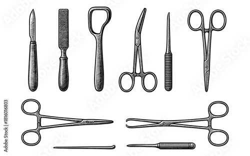 Detailed vintage surgical tools set with scalpels and scissors on white background