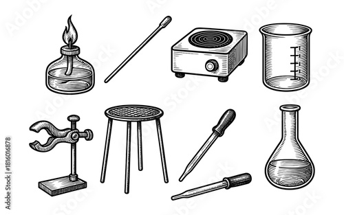 Vintage science equipment drawings: laboratory tools in classic sketch style