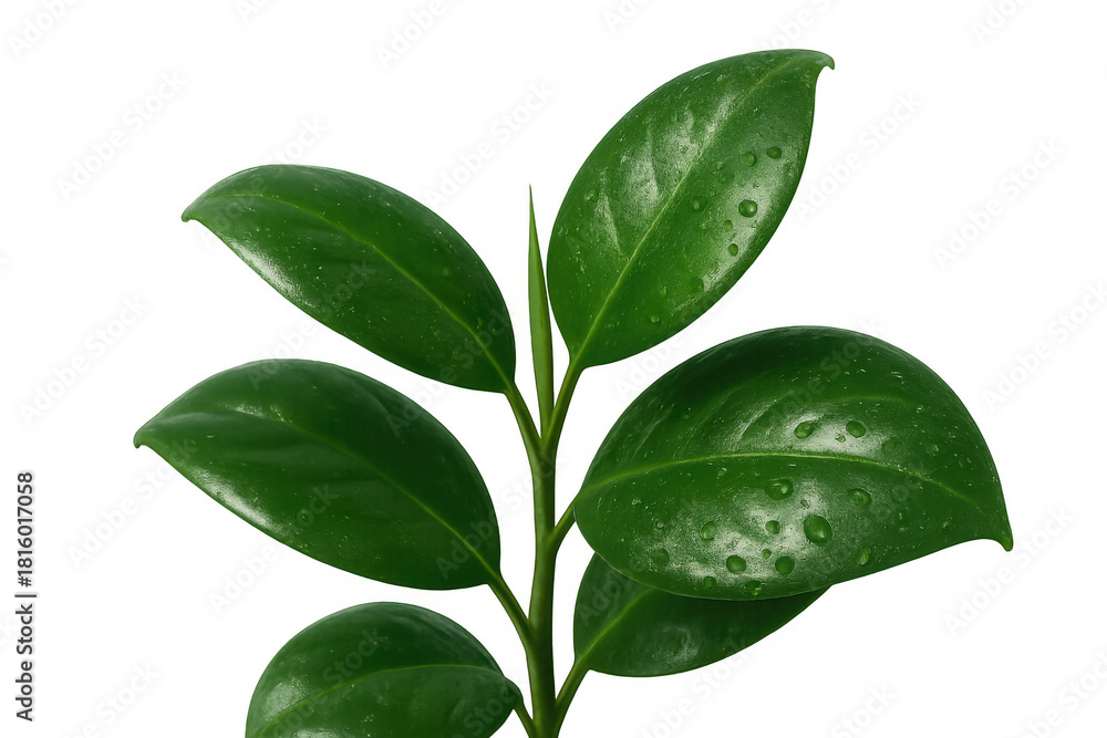Fototapeta premium Green plant branch with fresh leaves and water drops symbolizing nature, growth, and environmental care, transparent background