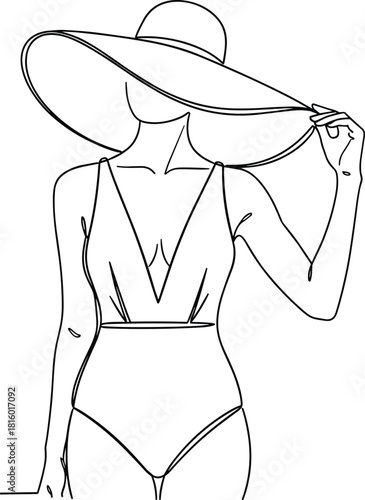 Minimalist fashion illustration, woman in swimsuit, wide-brim hat pose, black and white line art, elegant design, stylish silhouette drawing