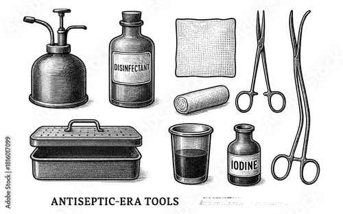 Vintage medical tools with antiseptic focus in detailed engraving style
