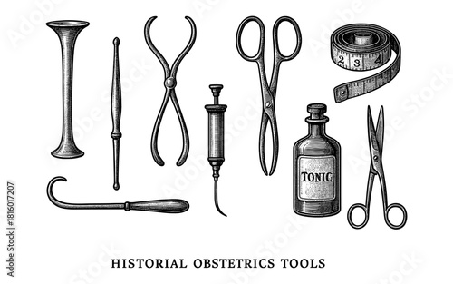 Antique medical instruments: historical surgical and obstetrics tools collection