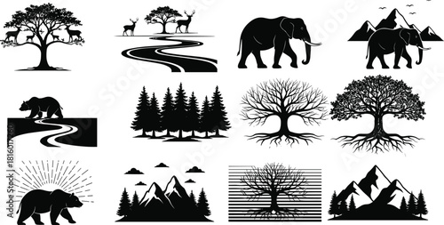 Nature silhouettes, wildlife icons, forest animals, mountain landscape, tree design, bear, deer, elephant, lion, scenic view, black vector, outdoor theme