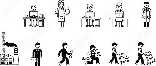 Profession icons, worker silhouettes, office staff, healthcare roles, factory labor, logistics team, business people, vector illustration, career diversity