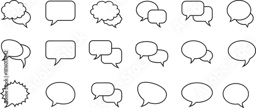 Speech bubbles, thought bubbles, comic icons, dialogue shapes, vector illustration, communication symbols, graphic design elements, black and white