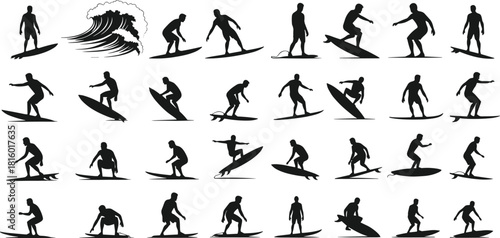 Surfer silhouettes, surfing poses, wave riding, surfboard action, beach sport, extreme movement, vector icons, water sport, coastal lifestyle