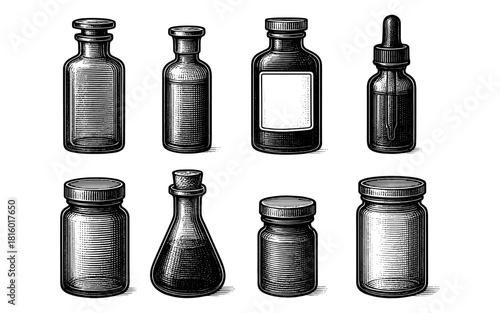 Vintage ink style apothecary bottles and jars collection